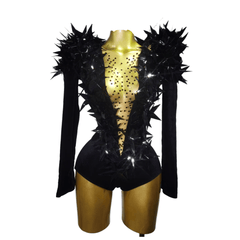 Sexy Gold Star Shoulder Pad Bodysuit Stage Costume for Concert Performance Music Show Cosplay - Halloweez