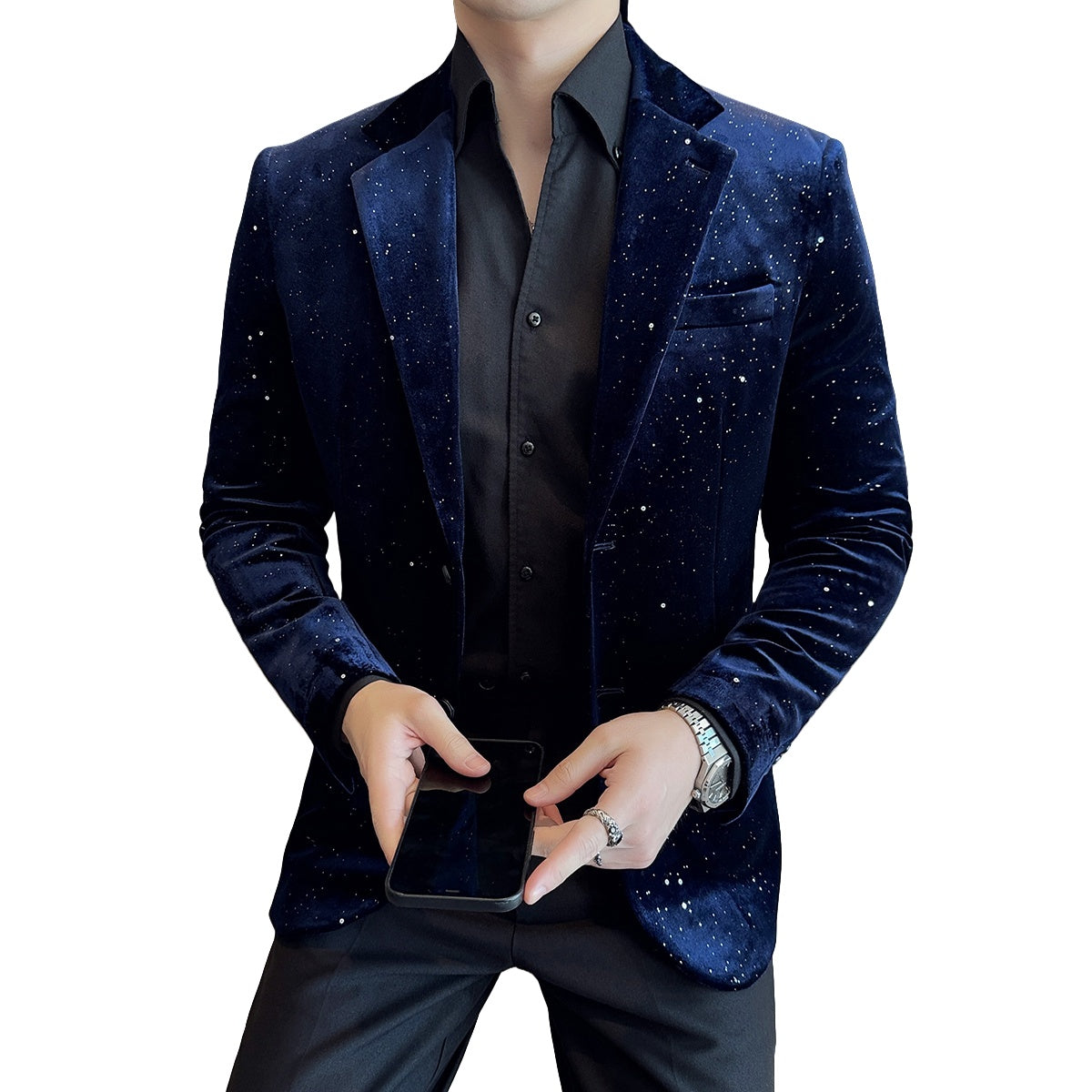 2025 New Fashion Glossy Velvet Gold Foil Print Men's Slim Fit Blazer Jacket - Trendy Cosplay Suit for Halloween Parties - Halloweez