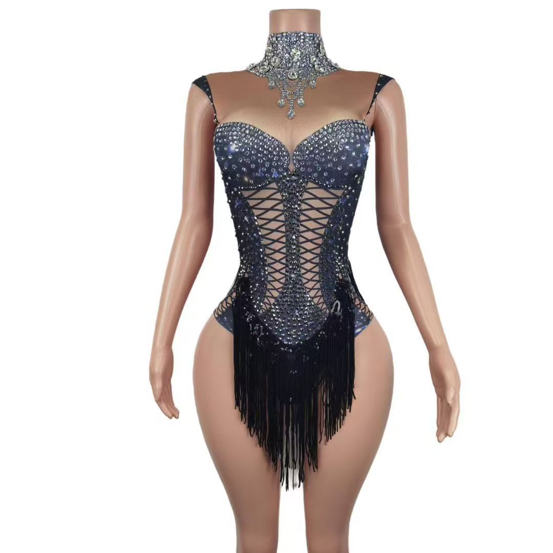 STOCK Singer Dance Rhinestone Elastic Pearl Black Bodysuit Performance Stage Costume Sexy Stage Outfit for Women - Halloweez