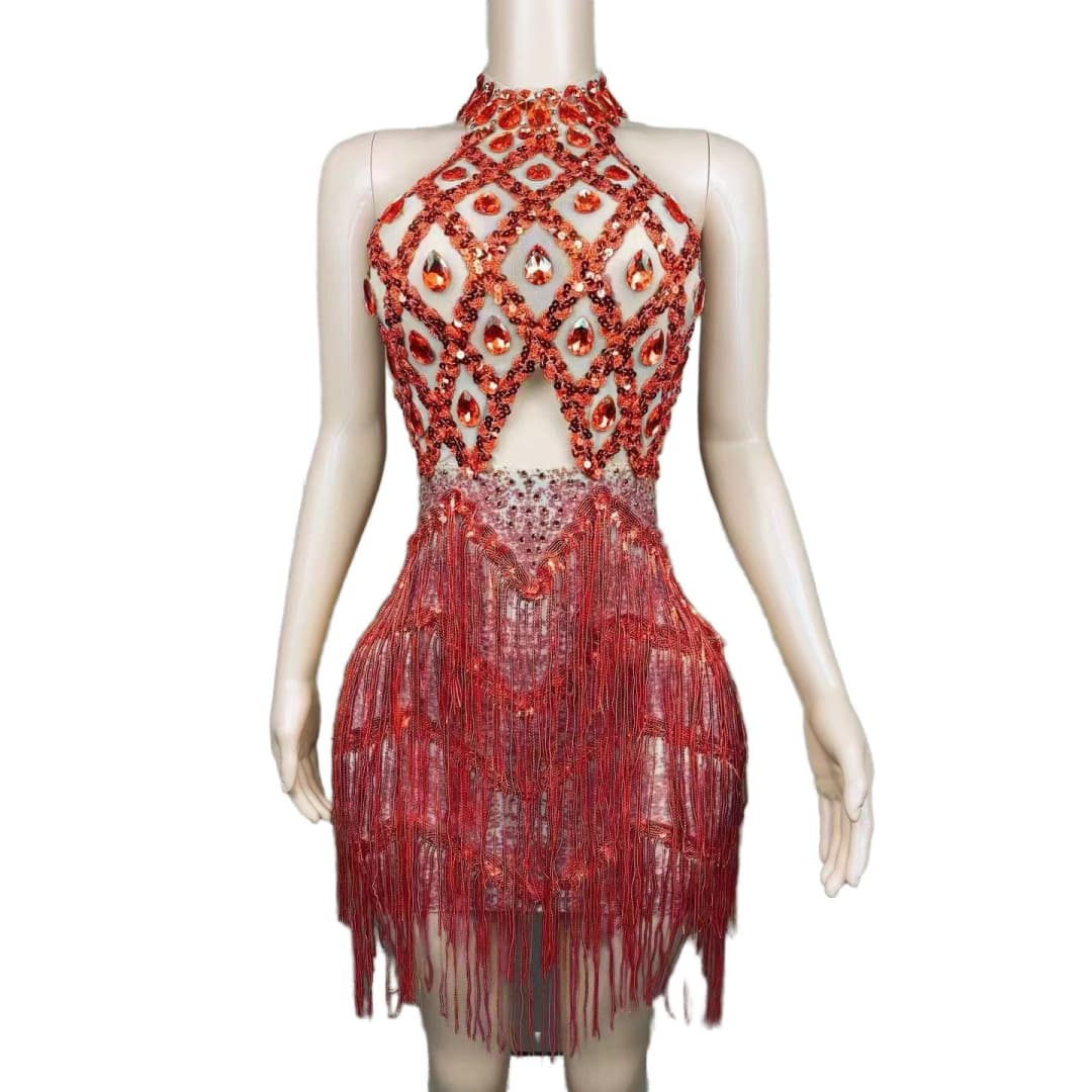 Rhinestone Mesh Hollow Sequin Fringe Dress - Silver Performance Costume for Party, Cosplay, Evening Gala - Halloweez