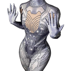 Techno Style Bodysuit Full Body Shiny Silver Go-Go Dance Costume for Women Club Performance Rave Party - Halloweez