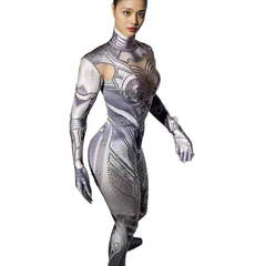 Techno Style Bodysuit Full Body Shiny Silver Go-Go Dance Costume for Women Club Performance Rave Party - Halloweez