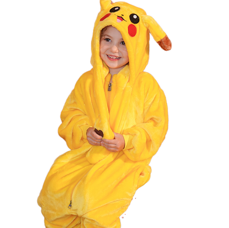 Kids Pikachu Onesie Pajamas Flannel Cosplay Costume with Removable Hood and Moving Ears for Boys Girls Halloween Christmas - Halloweez