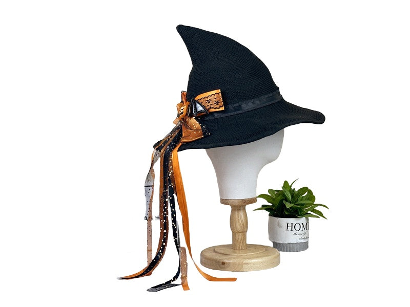 Halloween Bow Pumpkin Decoration Cotton Gauze Witch Hat Wide Brim Halloween Witch Hat Head Accessories - Halloweez