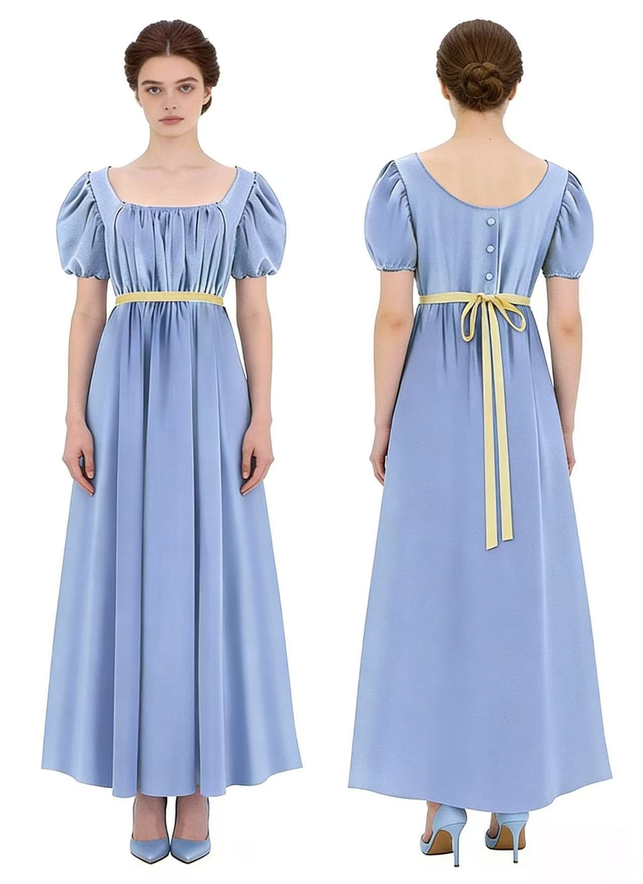 Bridgerton Inspired Women’s Regency Dress – Square Neck Empire Waist Maxi Gown with Puff Sleeves for Renaissance Fair, Tea Party & Historical Cosplay - Halloweez