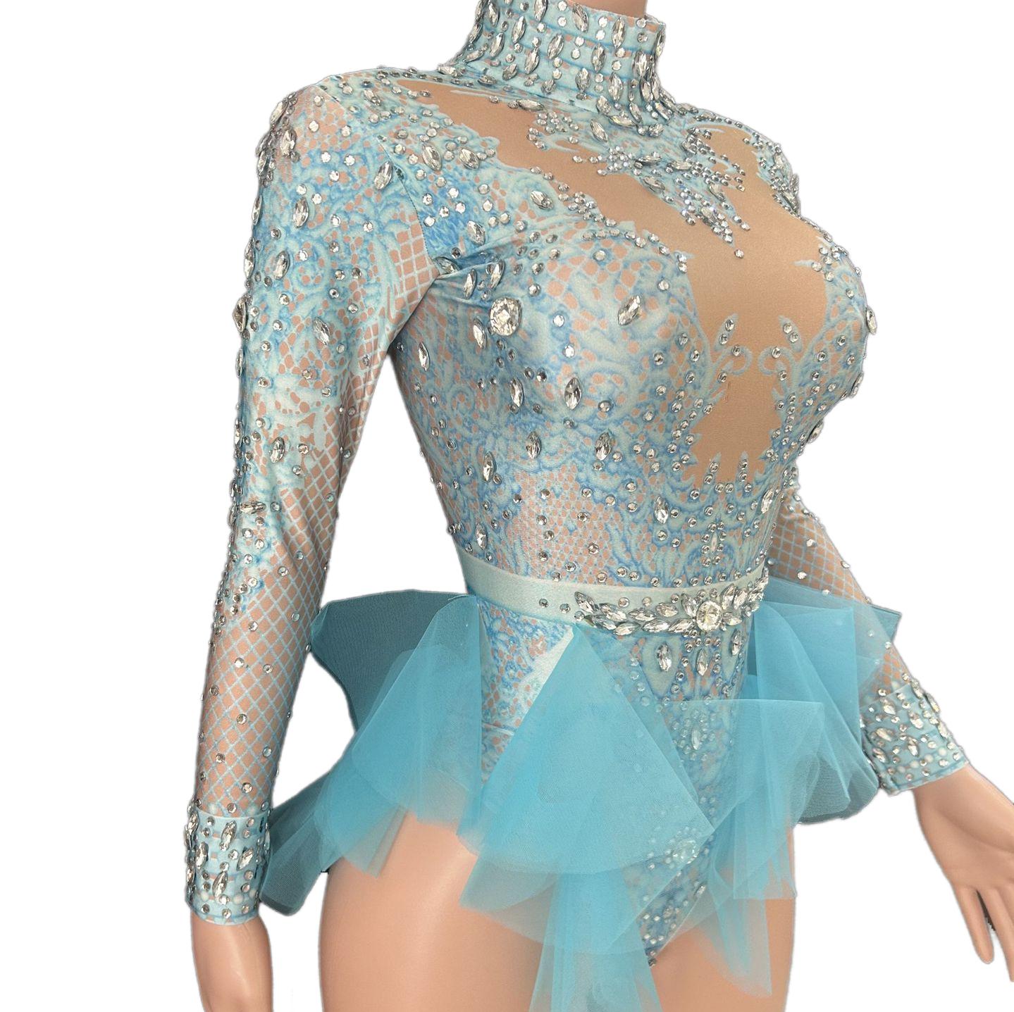 GC Singer Dance Rhinestone Stretchy Slimming Pink Mesh Bodysuit Stage Performance Costume Female Flash Diamond Girl Group - Halloweez