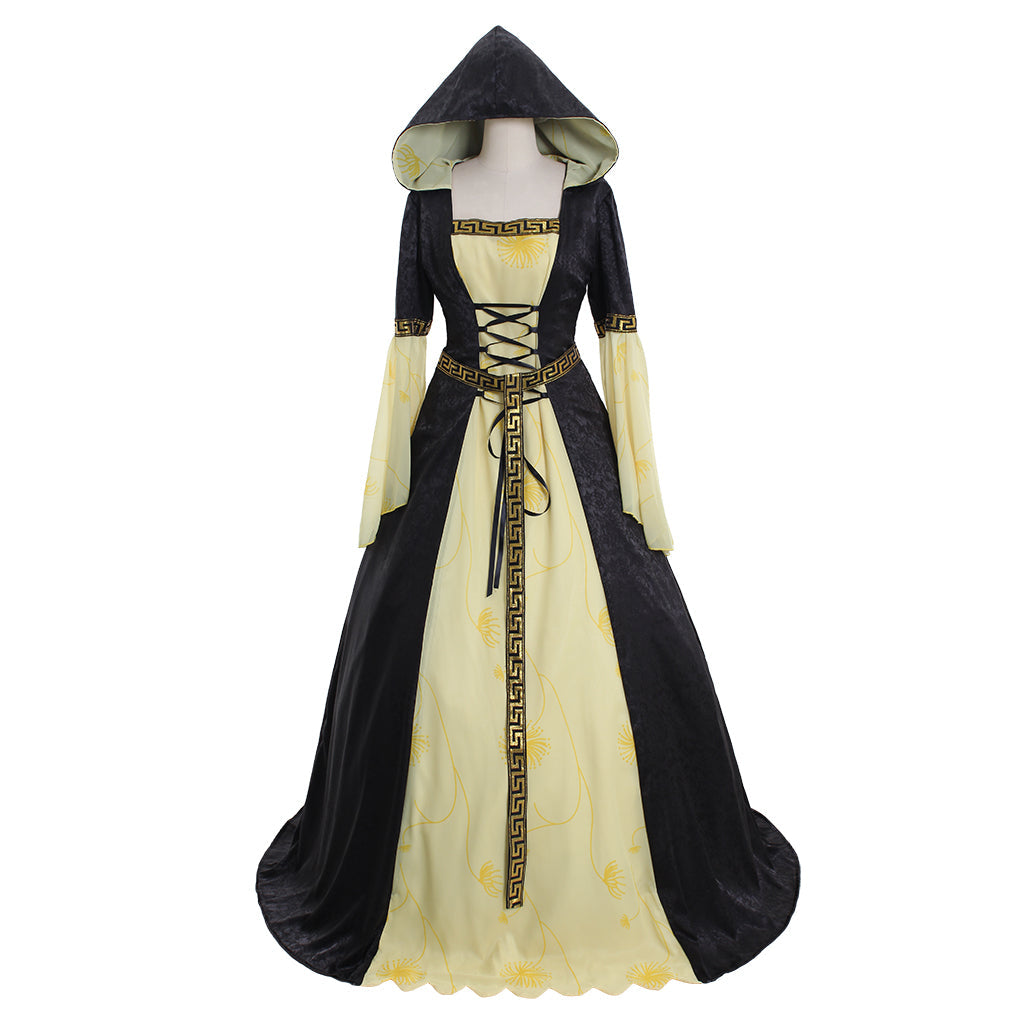 Halloweez Yellow Black Hooded Medieval Maxi Dress with Belt - Women's Stage Musical Vintage Party Halloween Costume