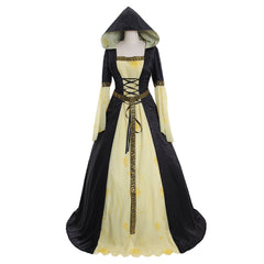 Halloweez Yellow Black Hooded Medieval Maxi Dress with Belt - Women's Stage Musical Vintage Party Halloween Costume