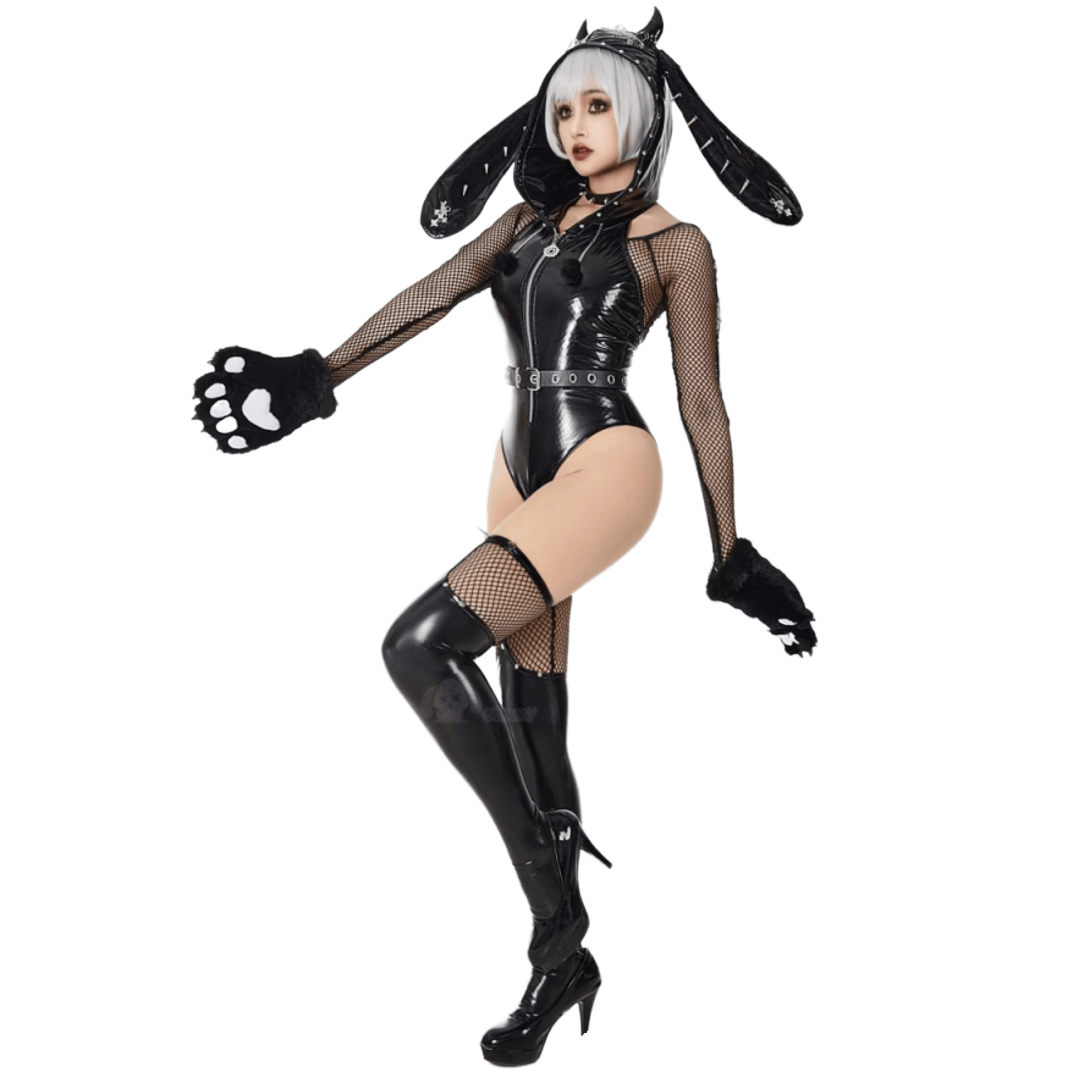 Original Gothic Demon Bunny Jumpsuit with Large Claws - Halloween Cosplay Costume for Women and Men - Halloweez