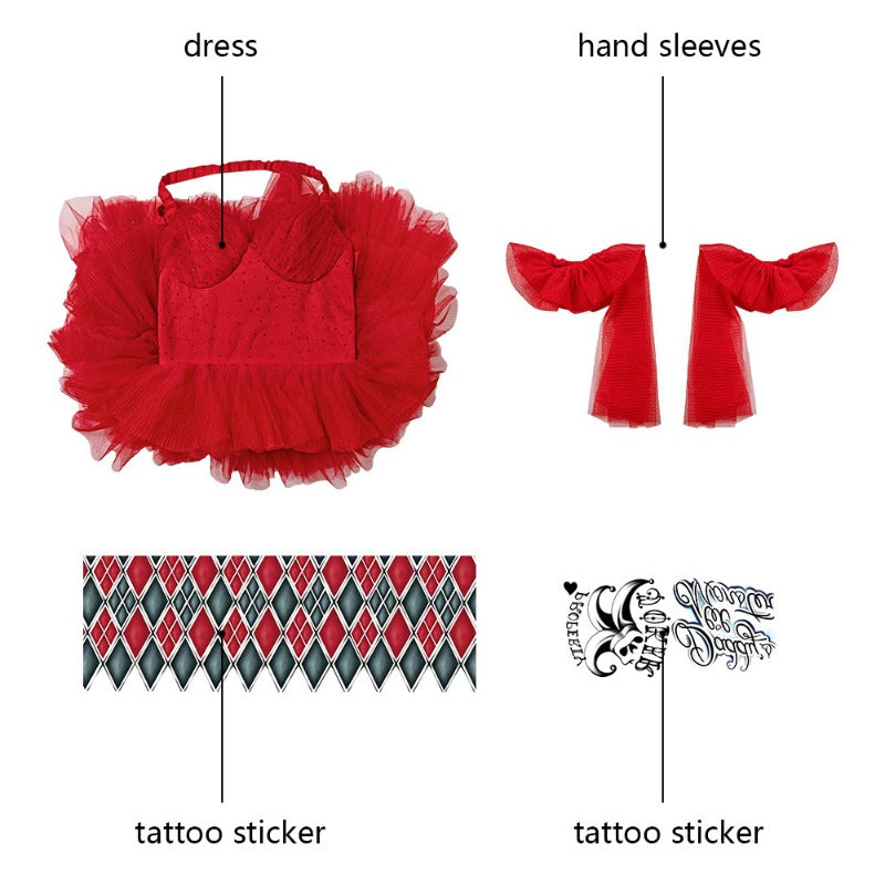 Halloweez Harley Quinn Red Dress Cosplay Costume Full Set for Halloween