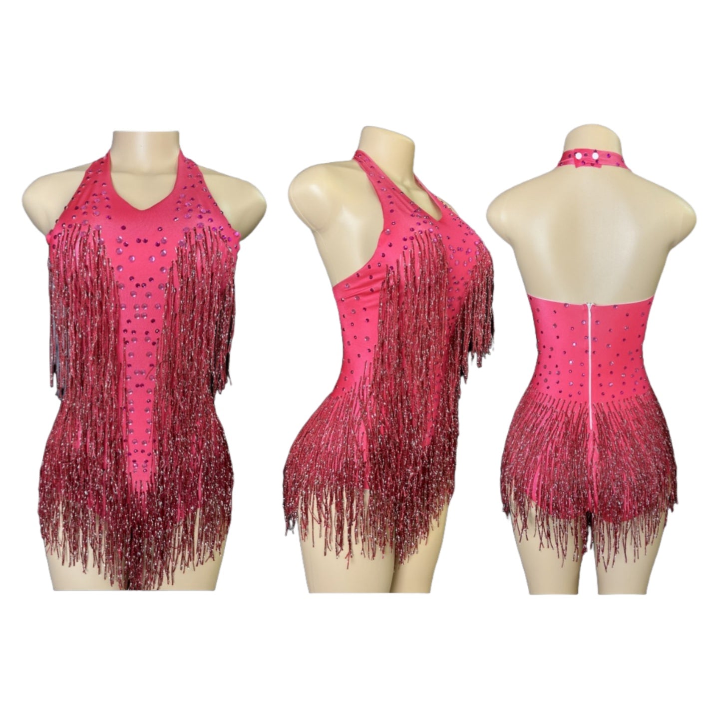 Latin Dance Halter Bodysuit with Fringe and Rhinestones - White Dance Performance Costume for Women - Halloweez