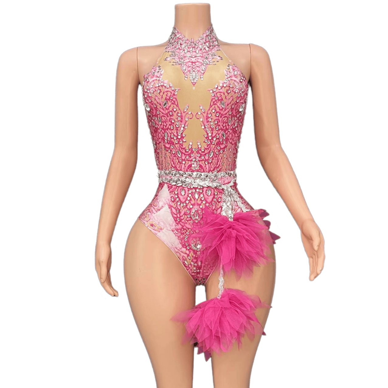 Sexy Sparkling Rhinestone Stretch Pink Mesh Bodysuit for Singer Dance Performance Cosplay Costume - Halloweez
