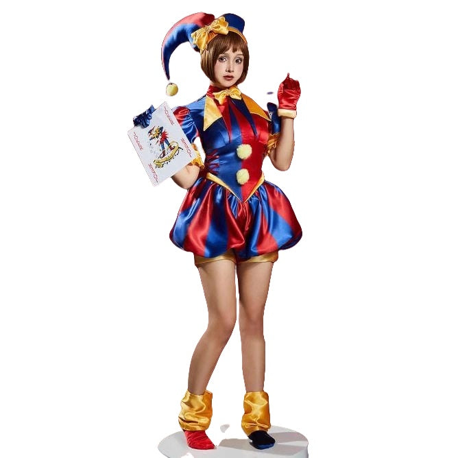 Harley Quinn Jester Costume - Red & Blue Clown Cosplay Outfit with Hat Gloves Socks for Halloween - Halloweez