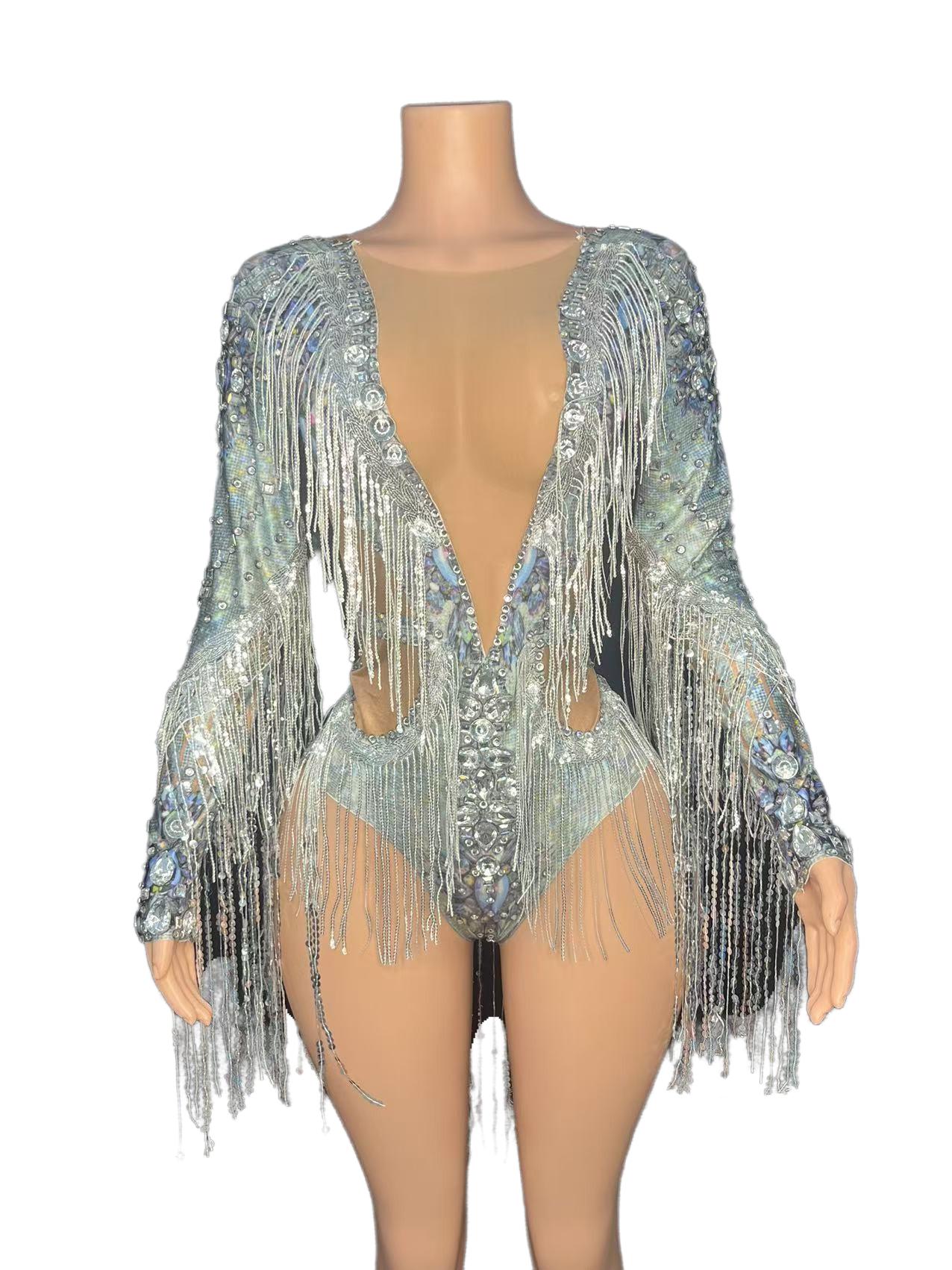 Sexy Sheer Mesh Stage Costume for Live Performance - Silver T-Show Fashion Outfit for Bar Singers, Band Performances & Livehouse Events - Halloweez