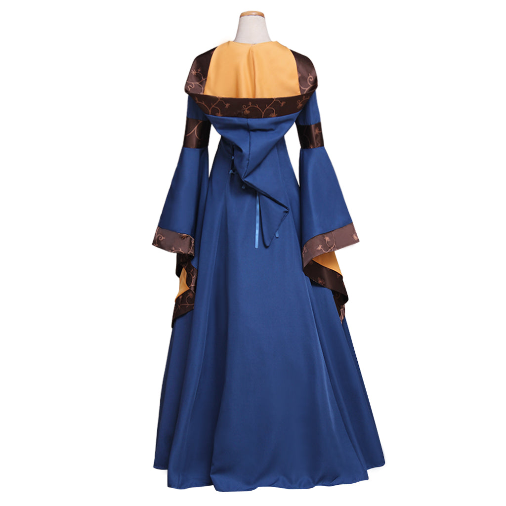 Elegante vestido medieval con capucha y mangas acampanadas, cintura alta, encaje y cosplay gótico para mujer