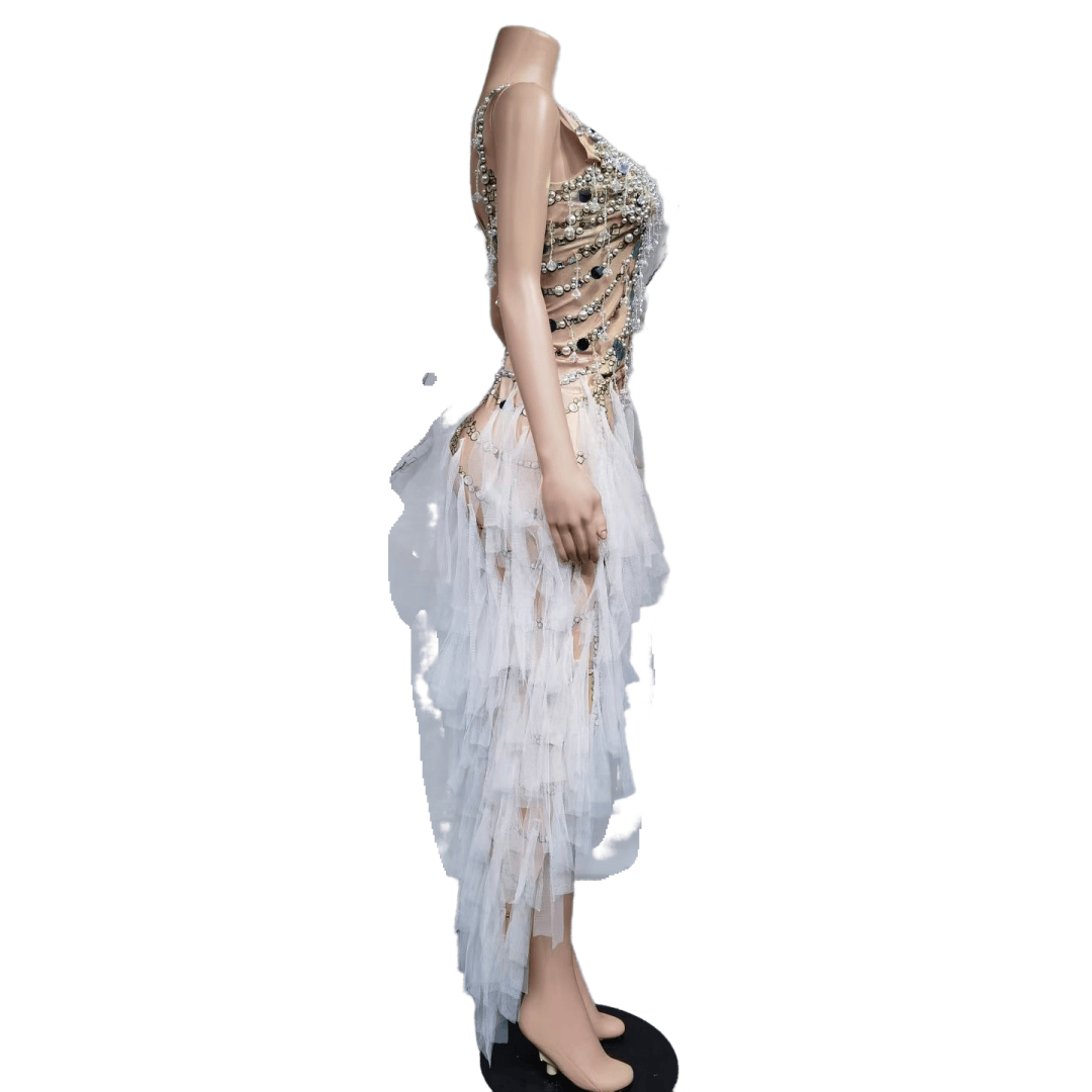 Colorful Feather Evening Gown Purple Party Dress with Pearls Rhinestones for Cosplay Halloween Costume - Halloweez
