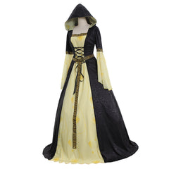 Halloweez Yellow Black Hooded Medieval Maxi Dress with Belt - Women's Stage Musical Vintage Party Halloween Costume