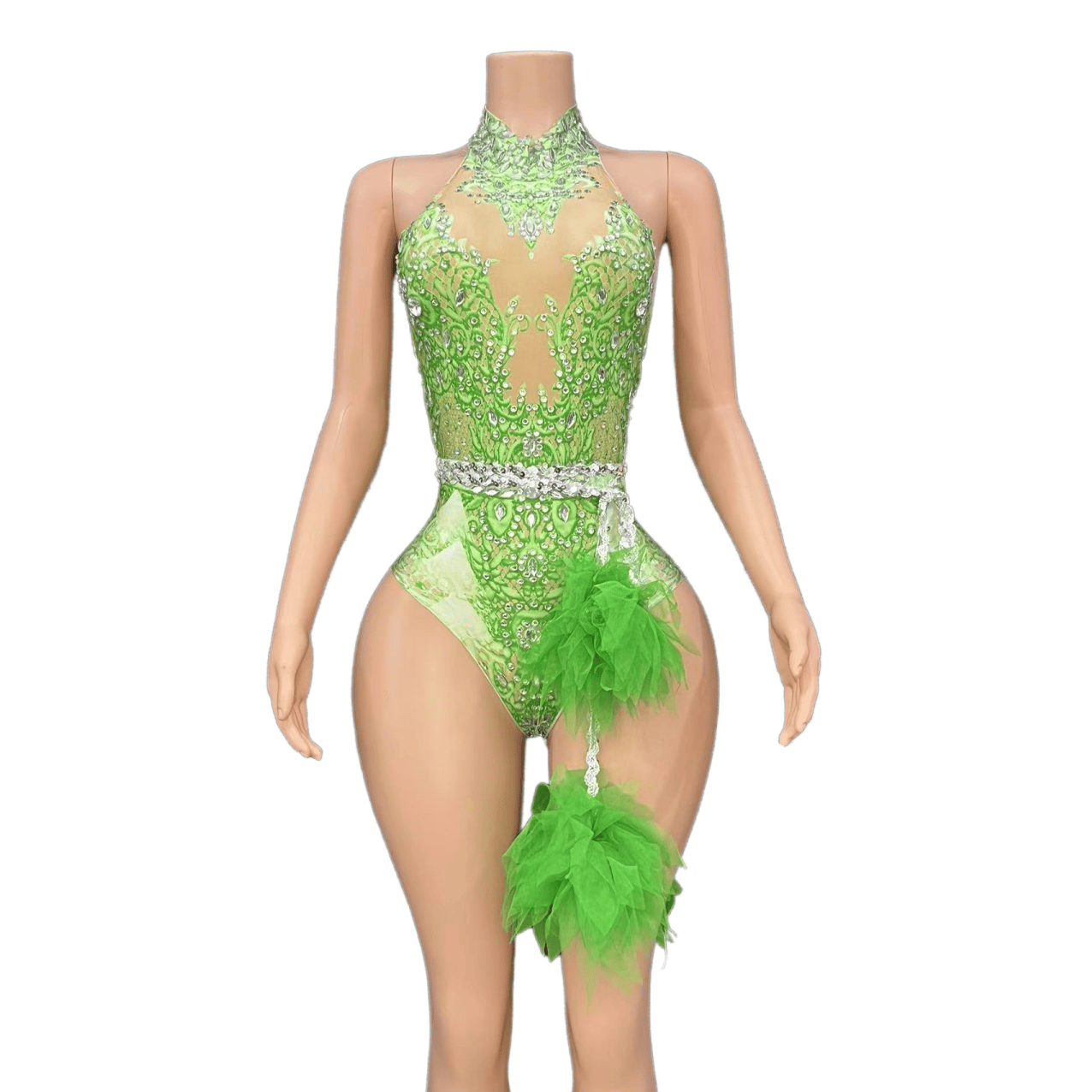 Sexy Sparkling Rhinestone Stretch Pink Mesh Bodysuit for Singer Dance Performance Cosplay Costume - Halloweez