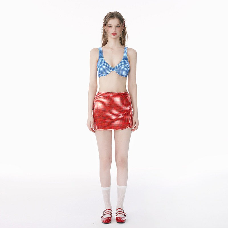 Retro Color Block Three Piece Bikini,Thai Niche Beach Swimwear for Women - Halloweez