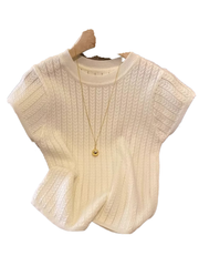 Elegant Hollow-Out Short Sleeve Women's Summer High-End Youthful Slimming Design Fashion Round Neck Ice Silk Knitted Top A3919 - Halloweez