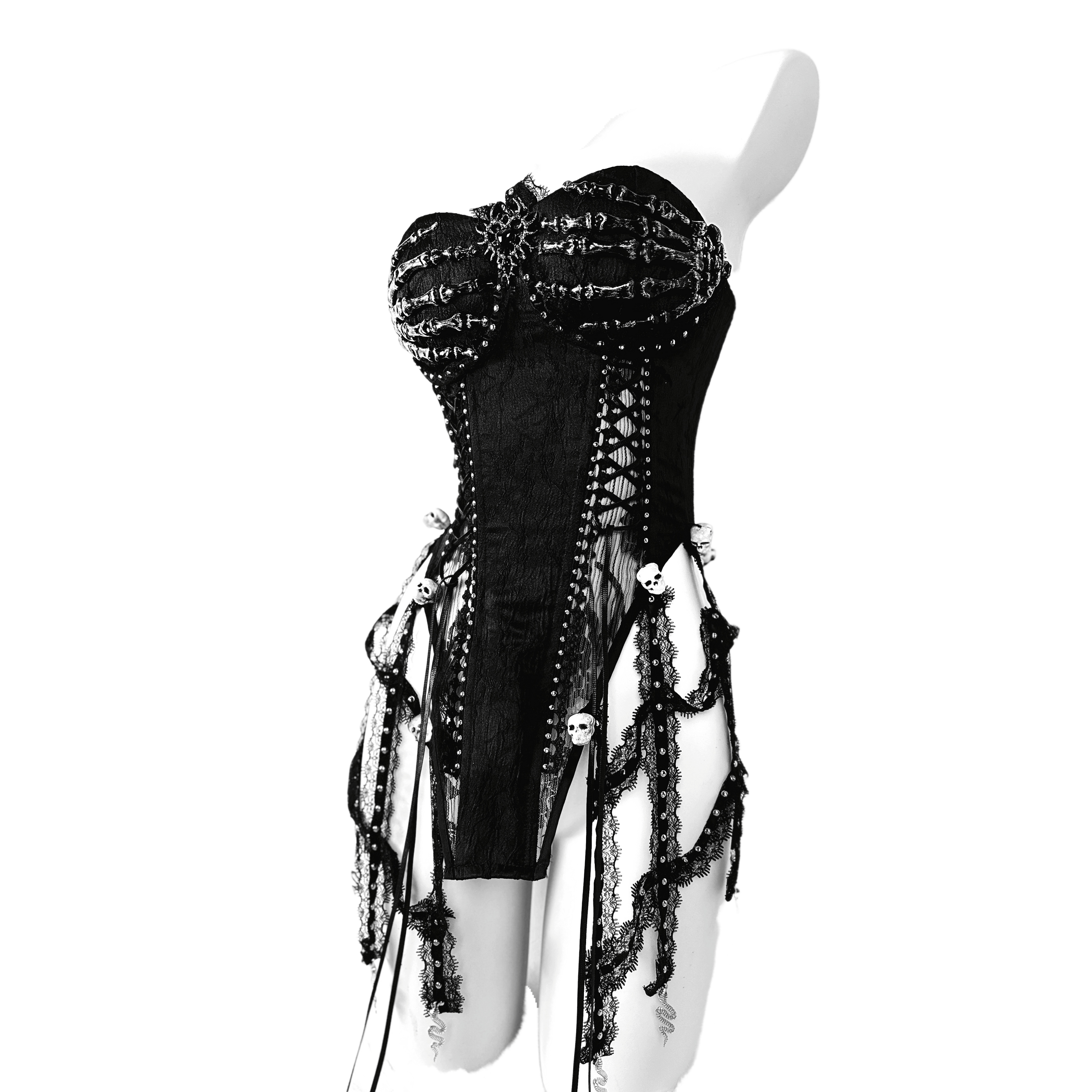 Celebrity Inspired TDH Original Heavy Work Handmade Pure Black Gothic Lace-Up Corset Cage Affordable Bustier Top with Built-in Pads - Halloweez