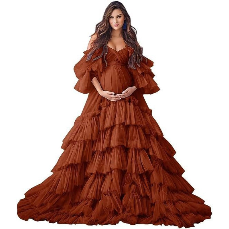 2025 Hot Sell Maternity Cosplay Costume Deep V See-through Mesh Dress with Puff Sleeves for Photo Shoot Party - Halloweez