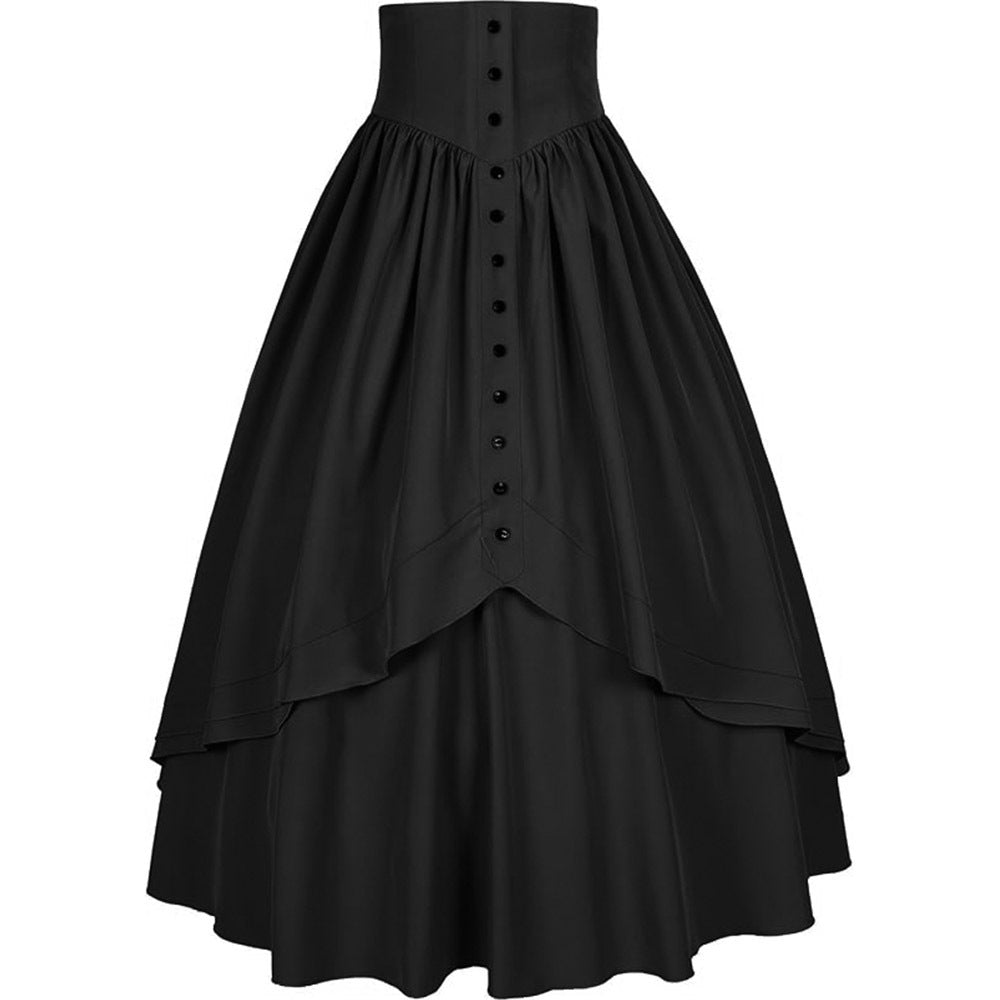 Medieval Renaissance Victorian Gothic Asymmetrical Pleated Tie Halloween Retro Midi Skirt - Halloweez