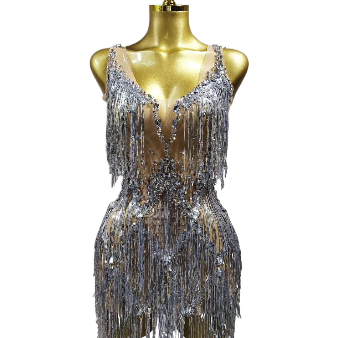 Fringe Dress Performance Costume Silver Dancewear Show Outfit Party Wear Sleeveless Halter Neck Performance Attire - Halloweez