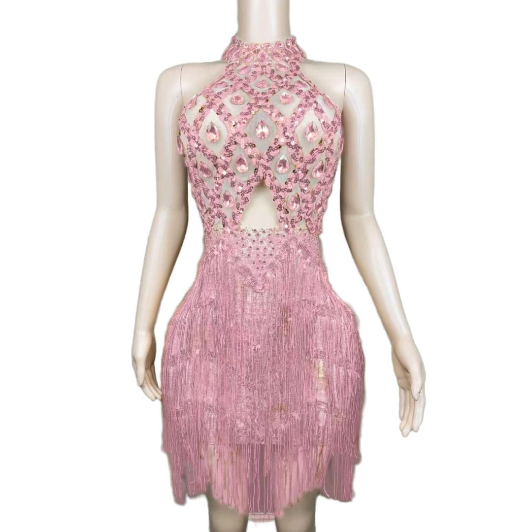 Rhinestone Mesh Hollow Sequin Fringe Dress - Silver Performance Costume for Party, Cosplay, Evening Gala - Halloweez