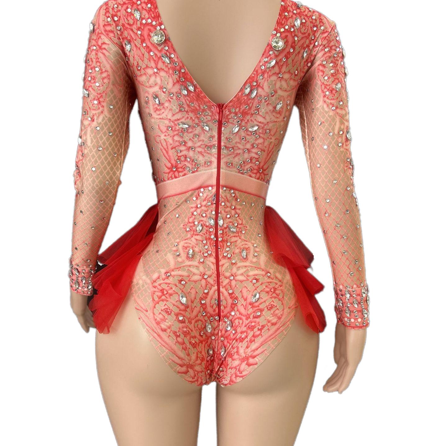GC Singer Dance Rhinestone Stretchy Slimming Pink Mesh Bodysuit Stage Performance Costume Female Flash Diamond Girl Group - Halloweez