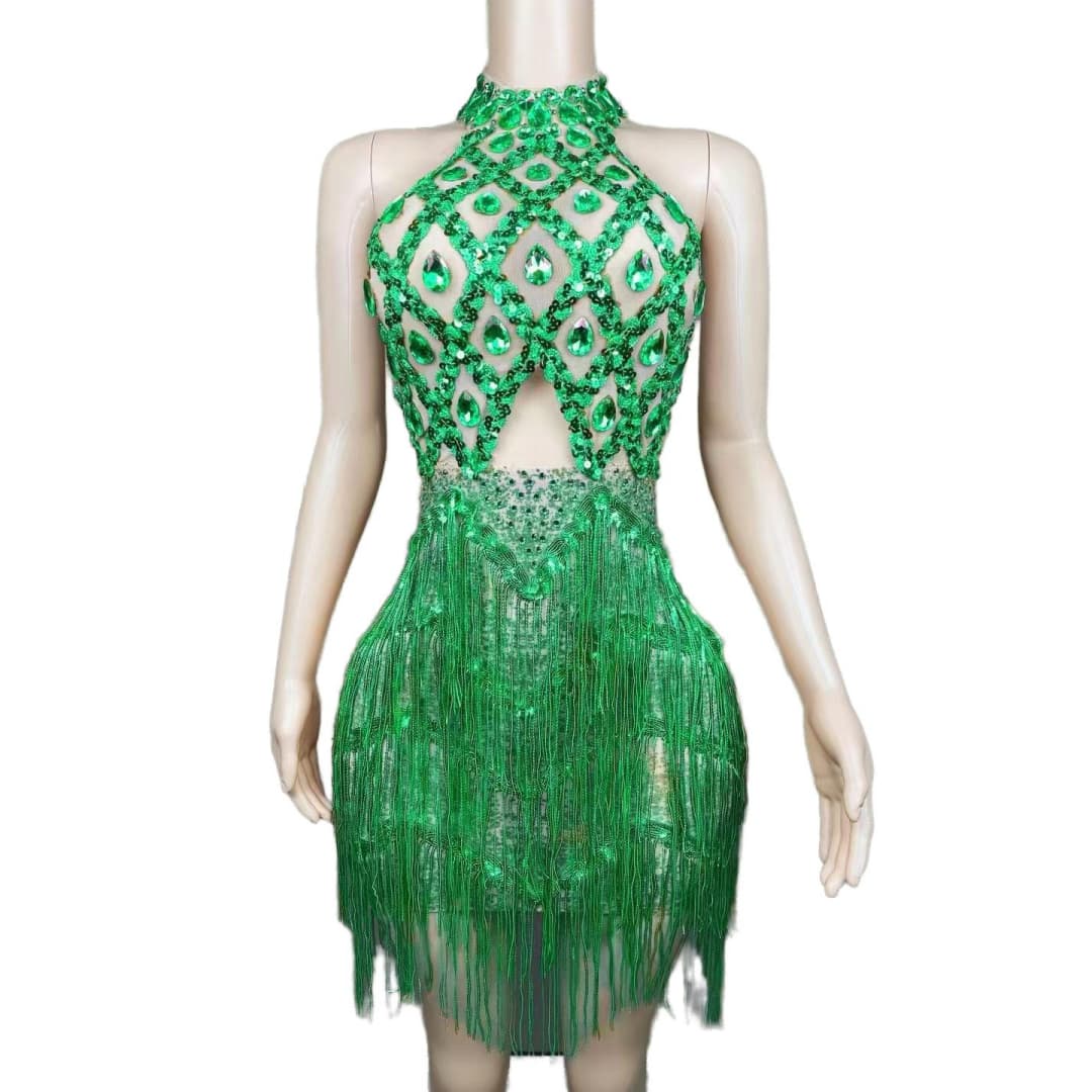 Rhinestone Mesh Hollow Sequin Fringe Dress - Silver Performance Costume for Party, Cosplay, Evening Gala - Halloweez