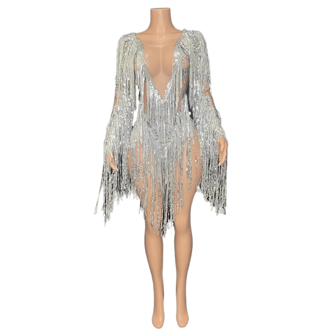 Silver Fringe Sequin Dress - High-End Performance Costume for Female Singers, Models, and Dance Troupes with Full Diamond Embellishments - Halloweez