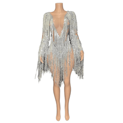Silver Fringe Sequin Dress - High-End Performance Costume for Female Singers, Models, and Dance Troupes with Full Diamond Embellishments - Halloweez