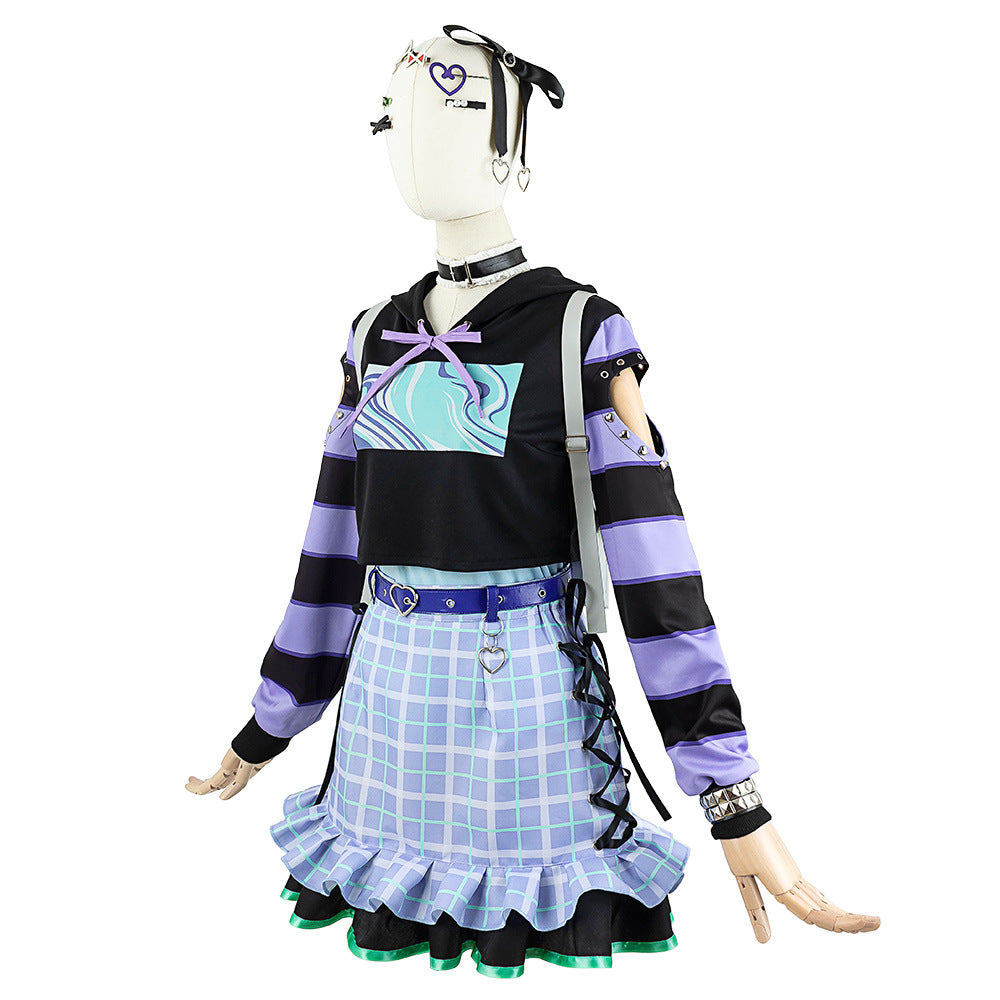 World Project Akayama Mizuki 2D Anime Costume Women's Hooded Sweatshirt Plaid Skirt Set - Halloweez