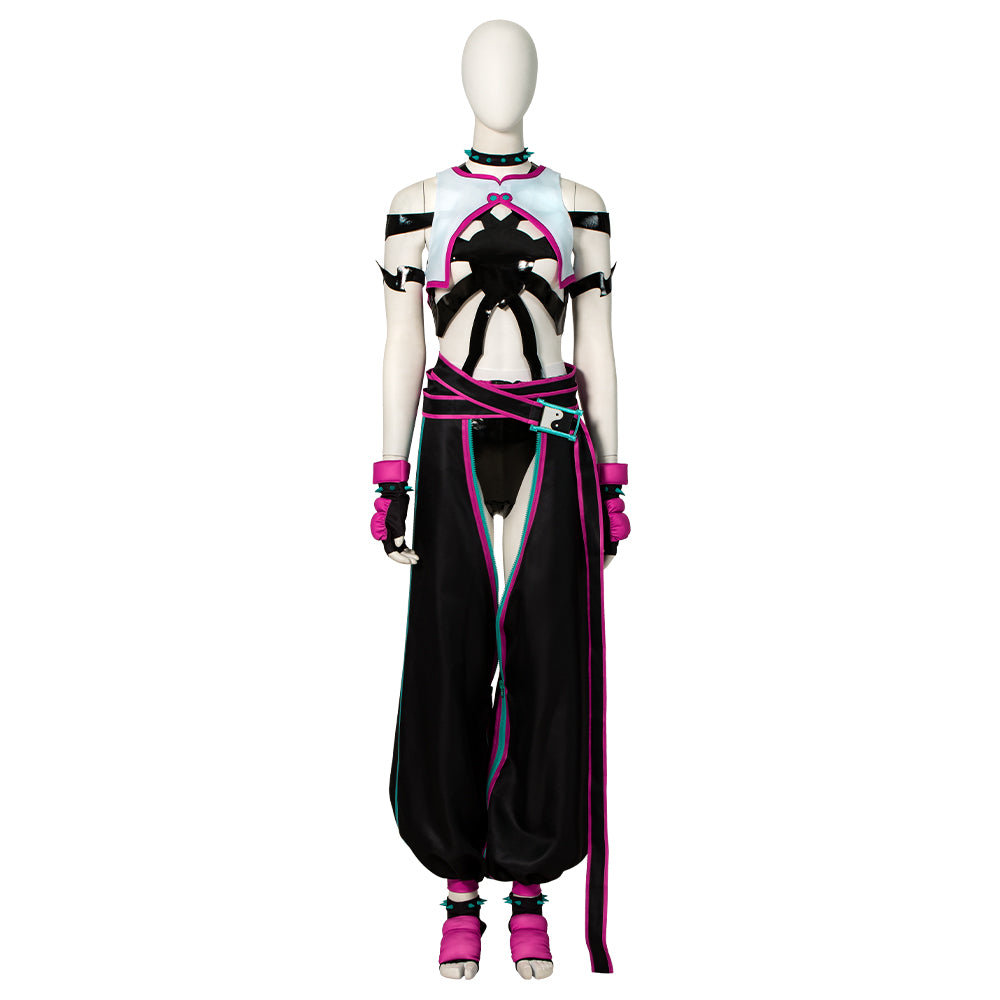 Halloweez Juri Cosplay Outfit - Hollow Bodysuit with Vest, Pants, and Gloves