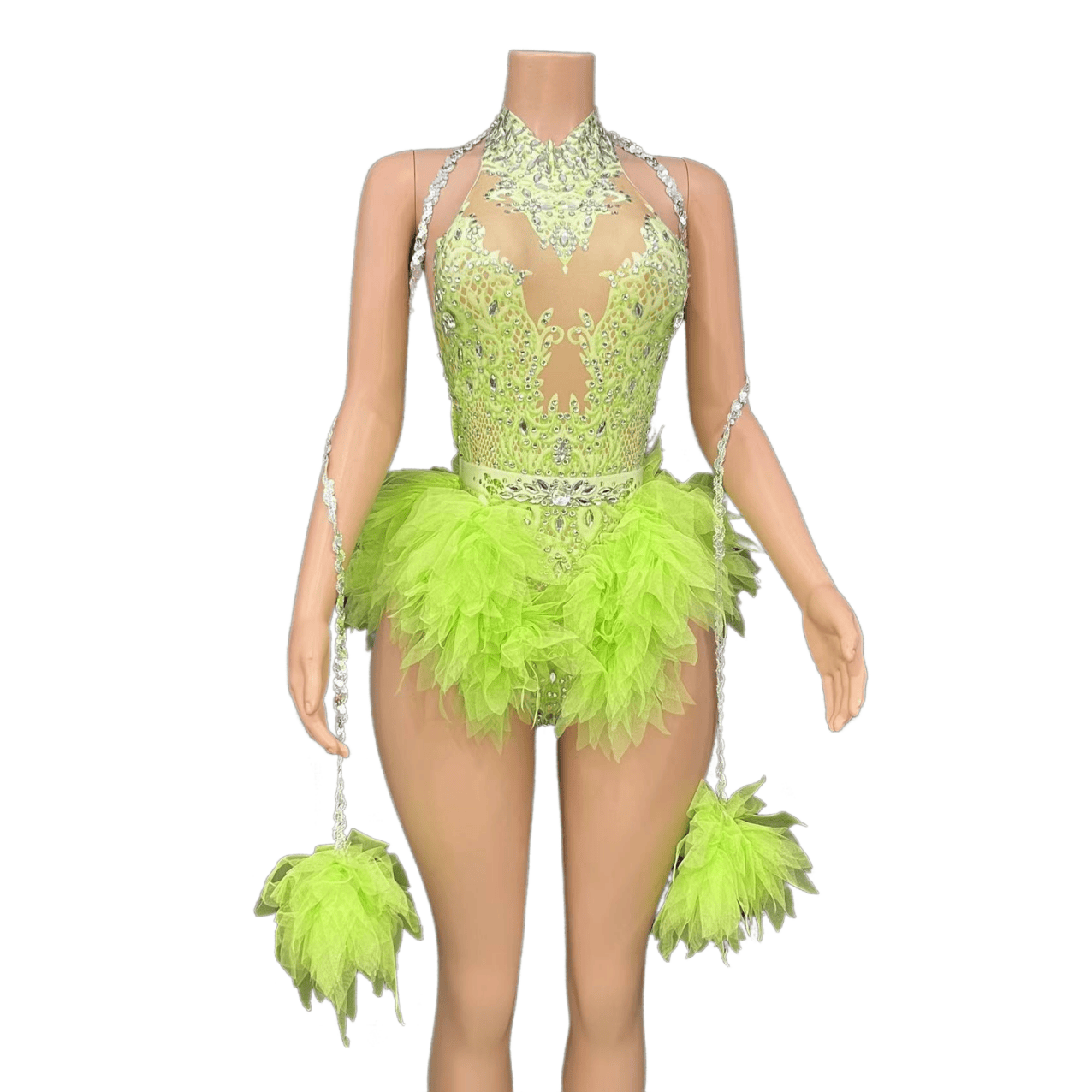 GC Singer Dance Shiny Diamond Stretchy Slim Pink Mesh Bodysuit Stage Performance Costume Women Flash Diamond - Light Green - Halloweez