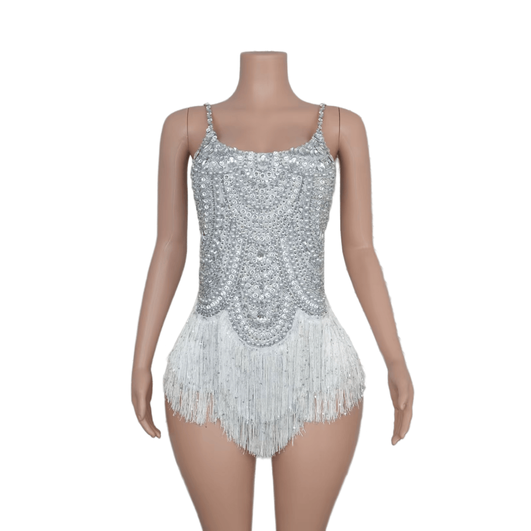 Blue Rhinestone Fringe Necklace Stage Costume - Shimmering Blue Crystal Fringe Performance Outfit for Latin Dance, Club Party, Circus Show - Halloweez