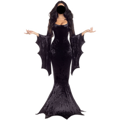 Morticia Addams Inspired Gothic Bat Witch Dress Halloween Costume For Women