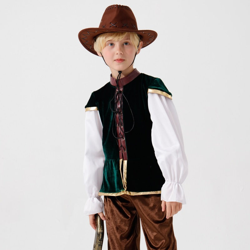 2025 New European and American Wide Brim Hat Western Cowboy Children's Medieval Stage Performance Costume Cosplay Costume - Halloweez