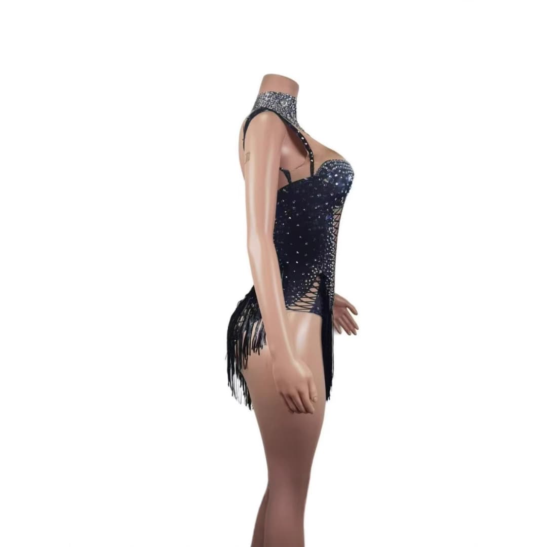 STOCK Singer Dance Rhinestone Elastic Pearl Black Bodysuit Performance Stage Costume Sexy Stage Outfit for Women - Halloweez