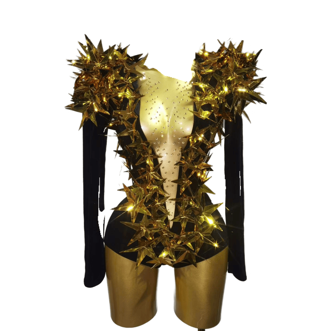 Sexy Gold Star Shoulder Pad Bodysuit Stage Costume for Concert Performance Music Show Cosplay - Halloweez