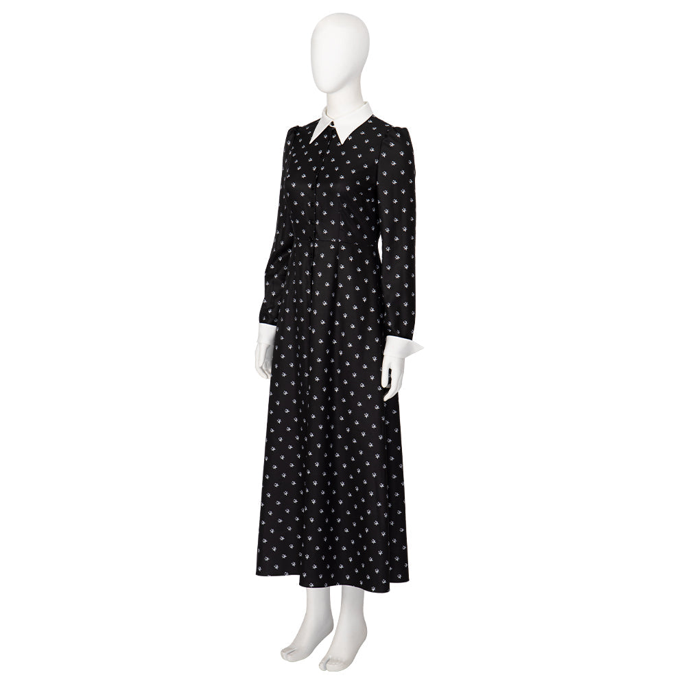 Halloweez Wednesday Addams Costume - Elegant Black Long Sleeve Dress with Unique Print