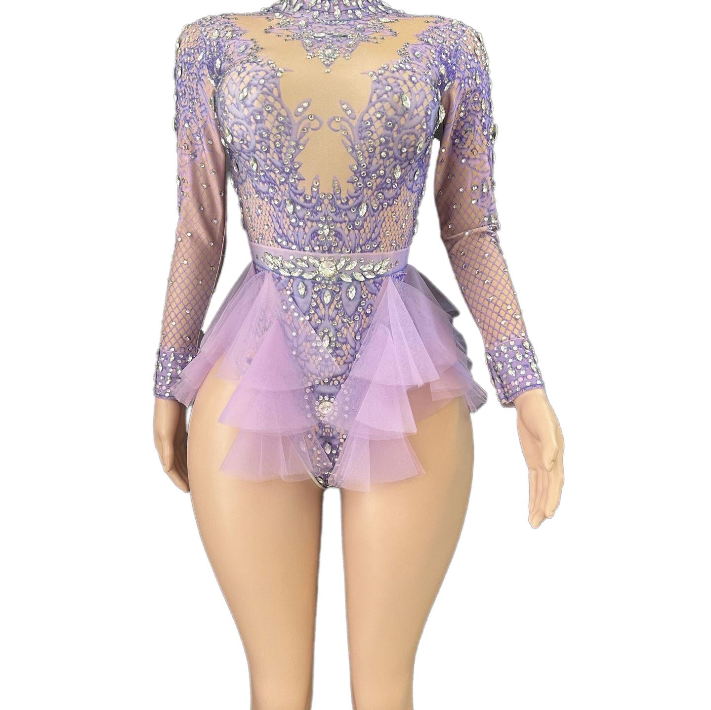 GC Singer Dance Rhinestone Stretchy Slimming Pink Mesh Bodysuit Stage Performance Costume Female Flash Diamond Girl Group - Halloweez