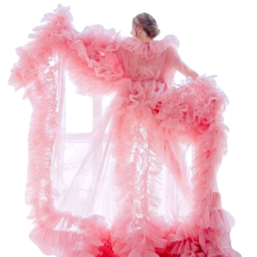Pink Maternity Bridal Lingerie Robe Sheer Mesh Photoshoot Dress for Pregnancy with 3D Floral Print - Cosplay & Boudoir Photography - Halloweez