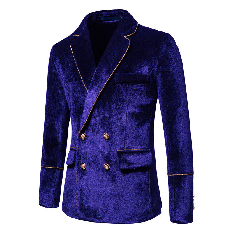 2025 Spring Summer New Men's Velvet Gold Trim Double Breasted Suit Set Formal Wear Performance Costume - Halloweez