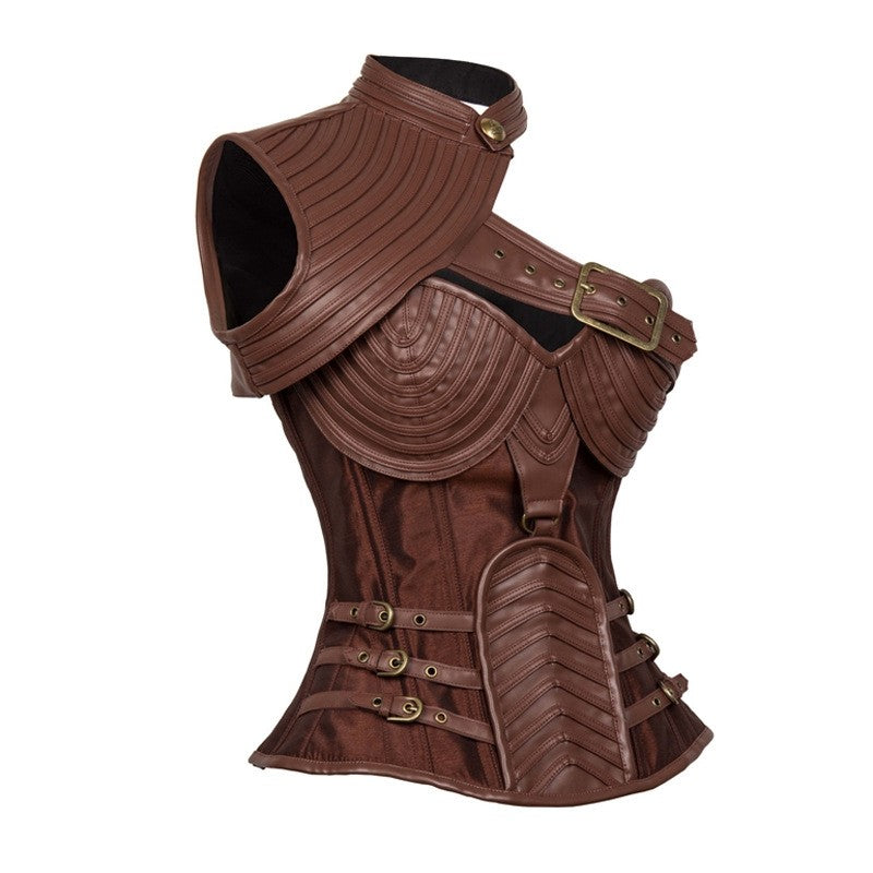 Medieval Dark Gothic Style Crusader Knightess Corset Top - Leather Look Bustier with Lace-Up Front and Adjustable Straps for Cosplay Costumes - Halloweez