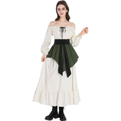 Renaissance Victorian Off-Shoulder Tie Dress Two-Piece Gown - Elegant Cosplay Costume - Halloweez