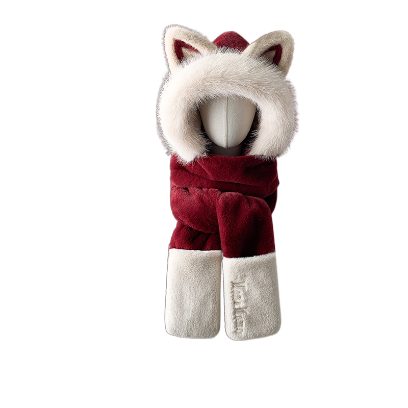 Cute Fox Ears Plush Hat Scarf Combo Winter Thick Warm Riding Ear Protection Unisex Cosplay Costume Accessory - Halloweez