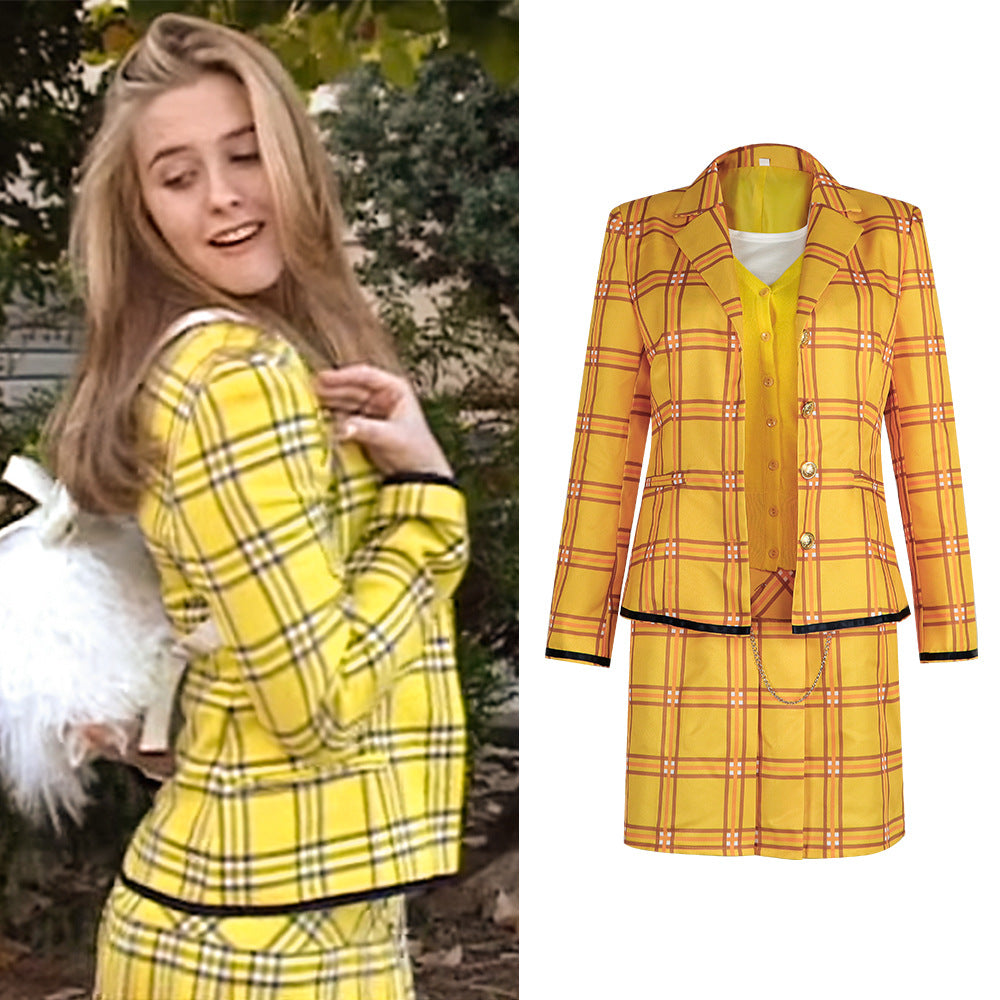 Clueless Movie Cher Horowitz Cosplay Costume Yellow Plaid Skirt Suit Uniform