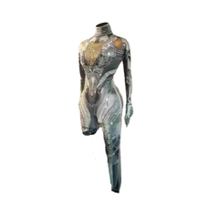 Techno Style Bodysuit Full Body Shiny Silver Go-Go Dance Costume for Women Club Performance Rave Party - Halloweez